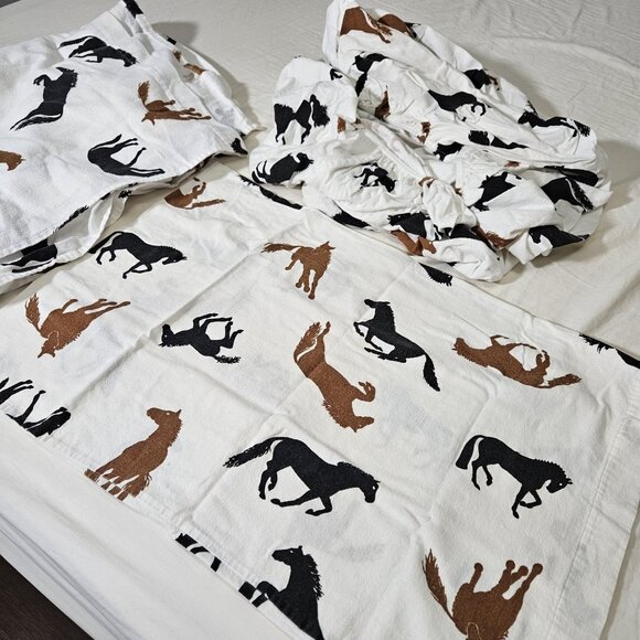 Hatley Twin Sheet Set 3 Pc Horse Equine 100% Cotton Flat Fitted Pillowcase Flan - Picture 5 of 10